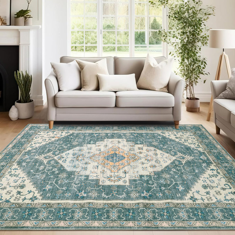 Vintage Oriental Washable Area Rug - Stain-Resistant Low Pile Carpet with Non-Slip Backing for Living Room, Bedroom & Home Decor