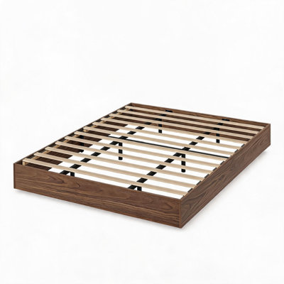 Structure de lit plateforme en bois grand format minimaliste, lit sur pied sans tête de lit avec support en lattes de bois robuste, aucun sommier requis, assemblage facile pour la chambre à coucher, noyer