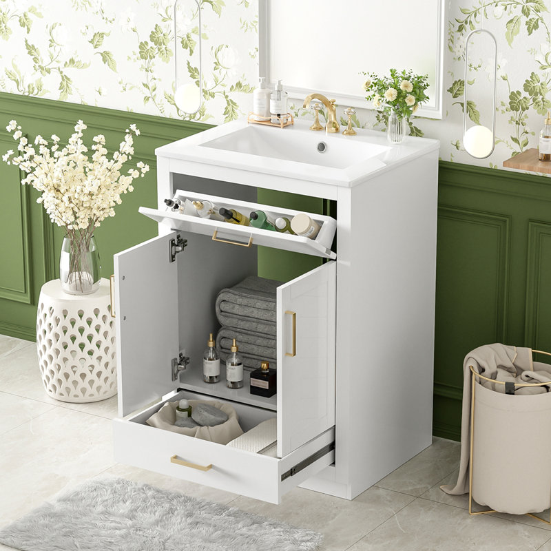 Meuble-lavabo 24 po avec lavabo en céramique intégré, armoire de salle de bain avec 2 portes, 1 tiroir basculant et meuble-lavabo simple pour salle de bain de petite et moyenne taille