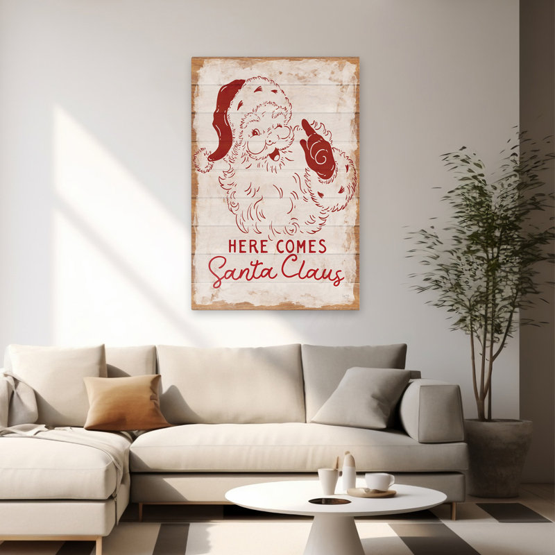Here Comes Santa Claus - père Noël rétro, conception rétro, art de décoration de Noël, H 40 po x l 60 po