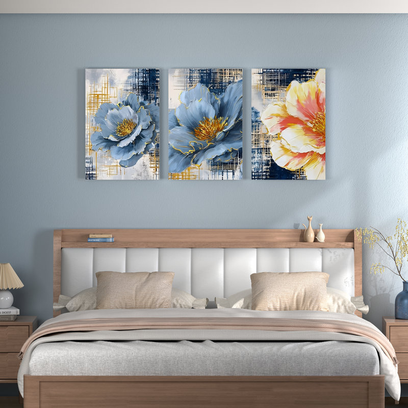 «Blue Peony», reproduction d'art sur toile abstraite (ensemble de 3), H 18 po x l 36 po