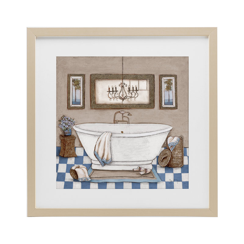Reproduction sous verre à carreaux de salle de bain et lustre, design par Janet Tava, H 16 po x l 16 po