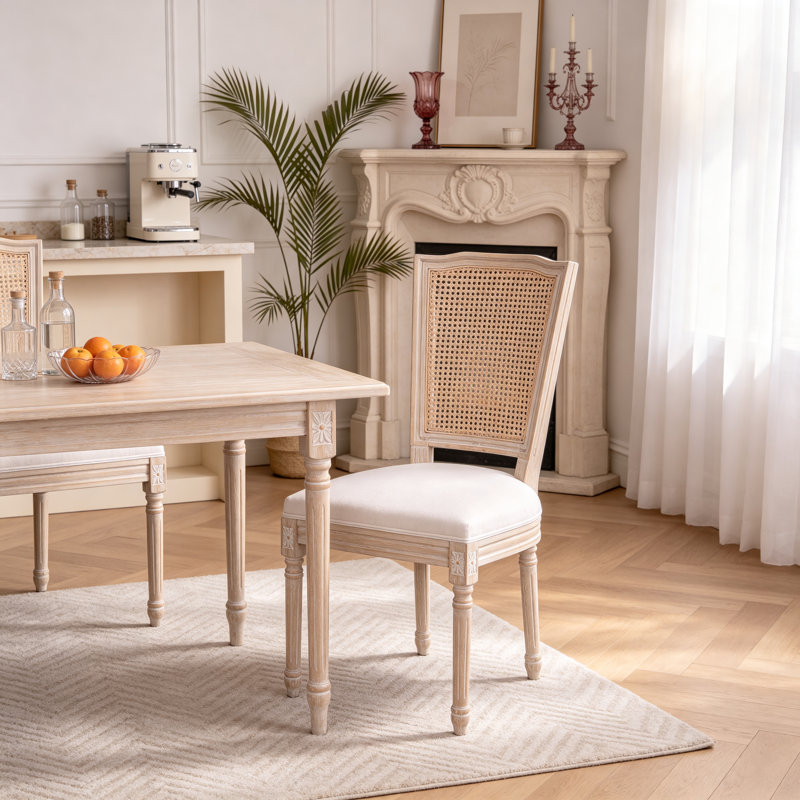 Ensemble de 2 chaises de salle à manger style français en bois massif à dossier carré en rotin