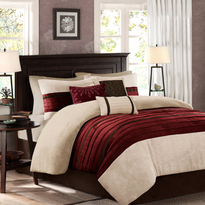 Édredon rouge en faux suède - 7 pièces 2 taies décoratives 3 coussins décoratifs Jupe de lit attrayante lavable à la machine