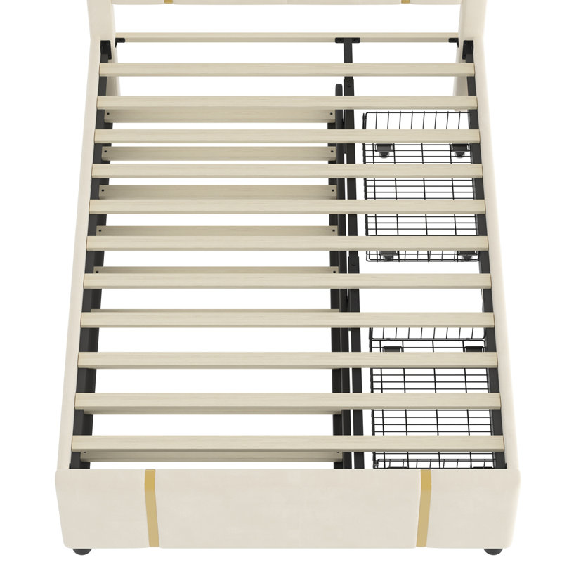 Grand lit tapissier avec lit gigogne et 2 tiroirs, lit plateforme moderne avec décoration dorée, veilleuse et chargeur USB