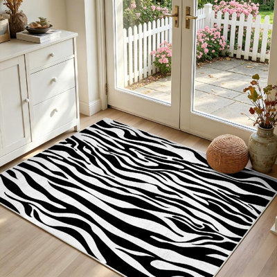 Tapis intérieur noir lavable à la machine, motif peau d'animal avec zèbre et blanc