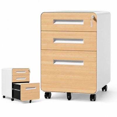 Bizoe Oak 3-Drawer Mobile File Cabinet with Lock, BIFMA Accredited, Rounded Corners for Home Office