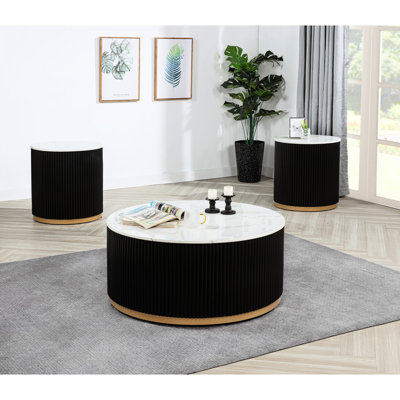 Modern Black End Table With Gold Foundation And Luxurious Marble White Top, Style, For Living Room, 22"rd X 23", 1pc Round Top Primary Space, 23"h, Only