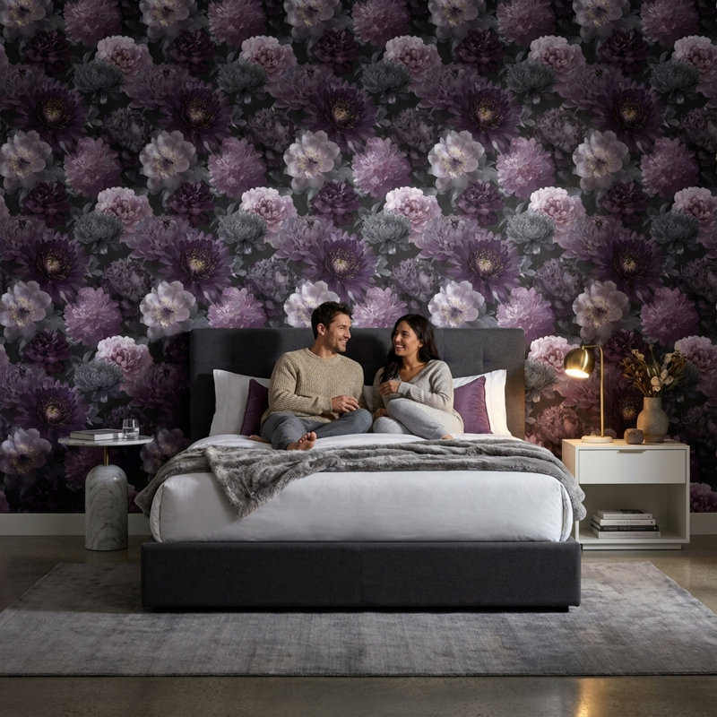 Papier peint floral violet autocollant, fresque murale lavande, Non-Woven Non-Pasted