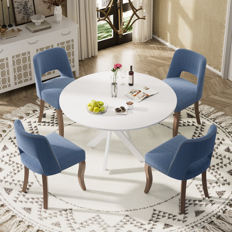 Ensemble de salle à manger à piédestal rond avec chaise en bois, 5 pièces: table, 4 chaises, Blanc, Blanc