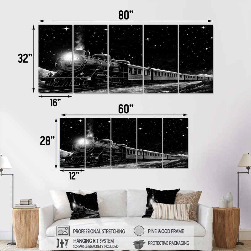 Art mural noir et blanc train de nuit II - train de transport 5 pièces, H 28 po x l 60 po