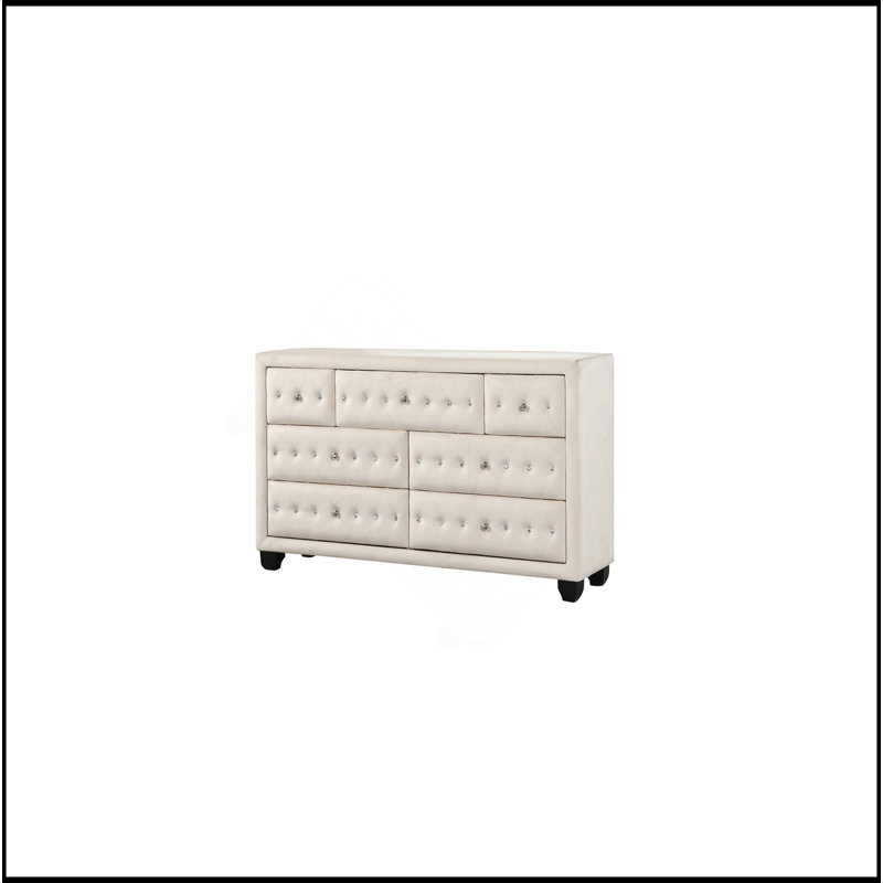 Commode capitonnée en cristal de style moderne avec 7 tiroirs et tissu en velours de couleur crème, Crème