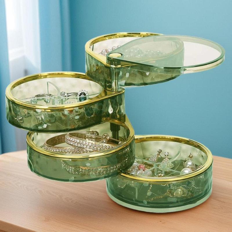 Boîte de rangement rotative pour bijoux à 4 niveaux avec vue - rangement compact pour bagues, boucles d'oreilles, colliers, bracelets et accessoires pour cheveux