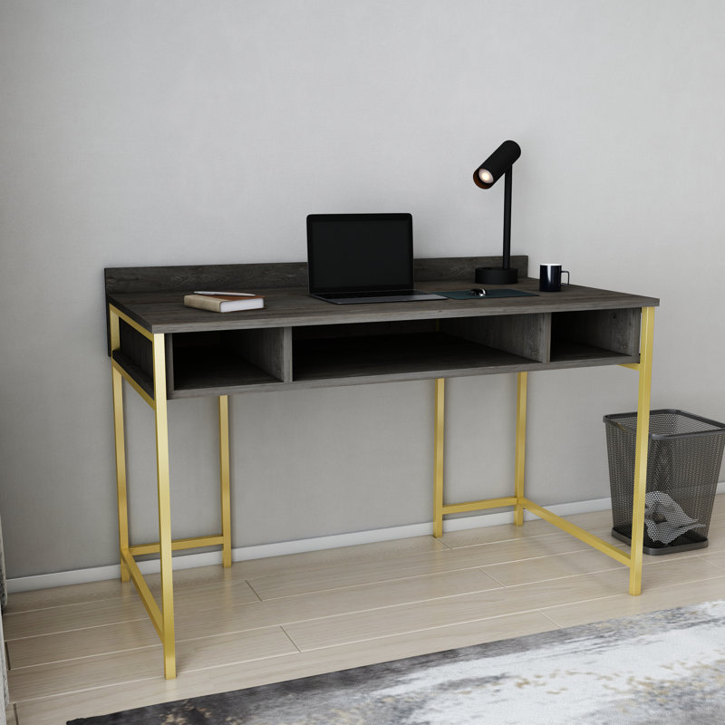 Alma Desk Metal Base Writing Desk, Dark Gray Oak/Gold