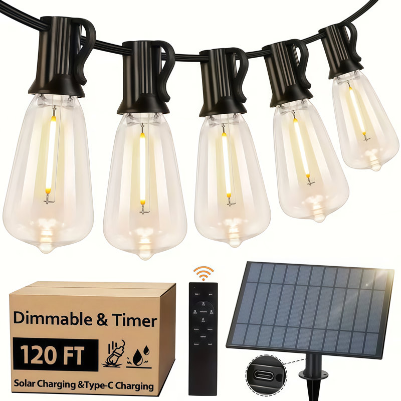 Guirlande solaire à énergie solaire St38 de 120 pi avec télécommande, 8 modes d'éclairage à l'épreuve des intempéries, incassable, 60 ampoules à filament DEL, grand panneau solaire de 11,5 x 13,5 cm pour le toit du jardin de la véranda