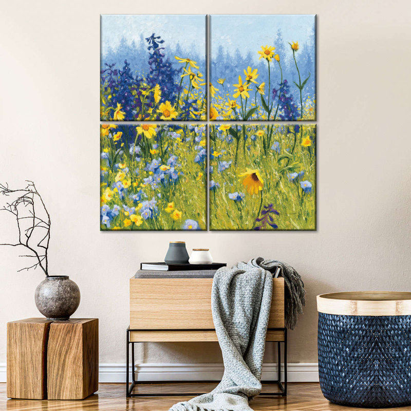 «Flower Fields Joyful In juillet», reproduction d'art sur toile 4 pièces, H 18 po x l 18 po x P 1 po