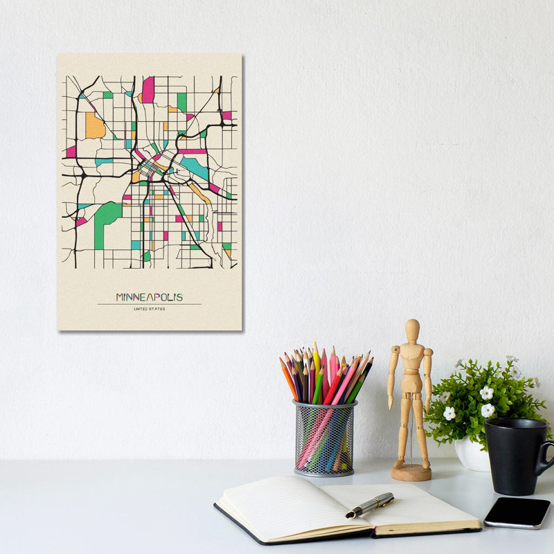 Minneapolis, Minnesota Map by Ayse Deniz Akerman - Wrapped Canvas Print, 20.32 cm H x 30.48 cm W