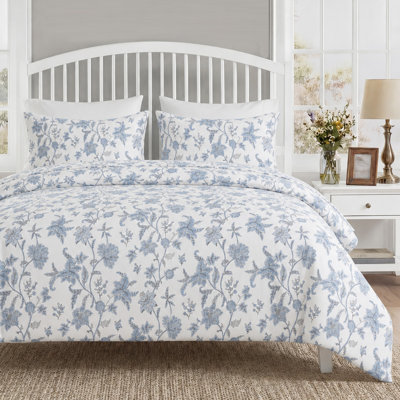 Blue Floral Duvet Cover King Size, 100% Cotton Bedding Set with Zipper Closure & Corner Ties, Soft Breathable Branches Botanical Floral Duvet Cover Set for All Seasons