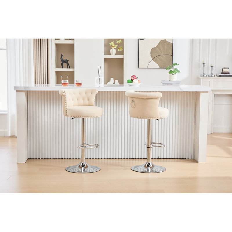 Tabourets de bar pivotants réglables avec pieds en métal argenté, Beige