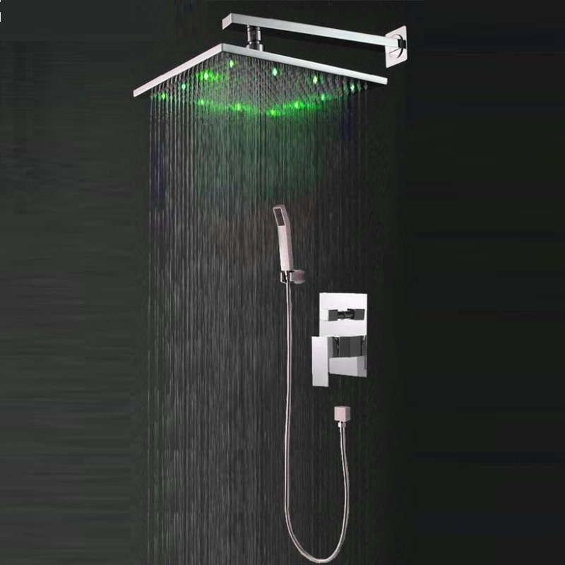 Juno Square LED Shower Head Set with Handheld Shower – Modern Design & Temperature-Sensitive LED Lighting