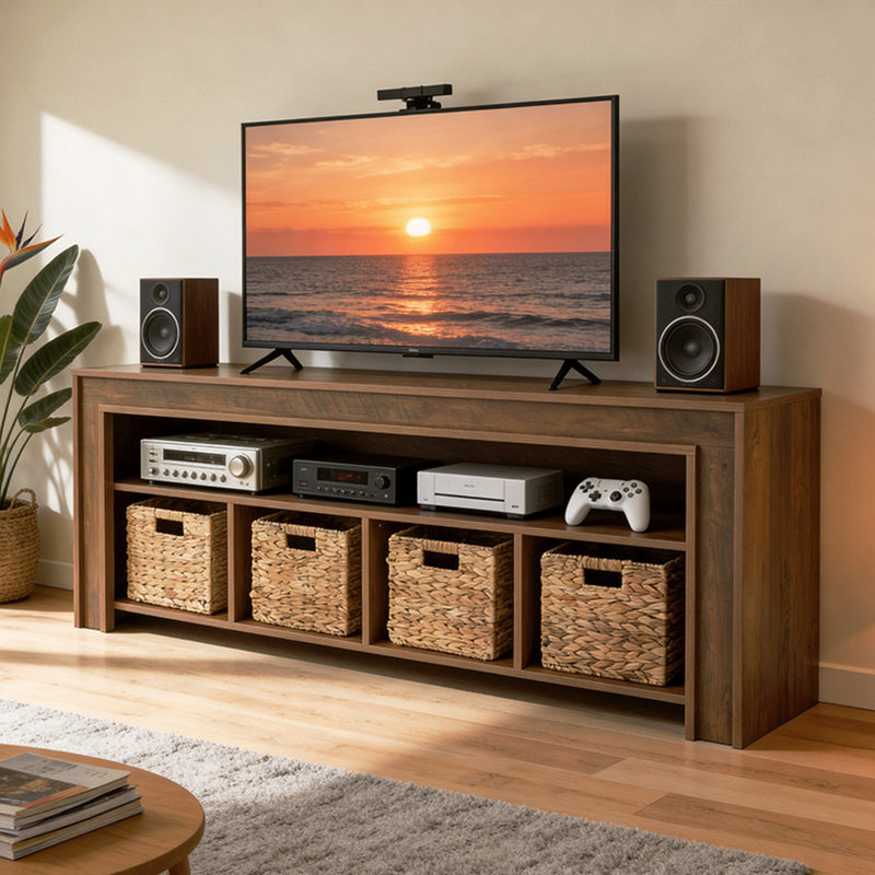 Meuble télé 63 po pour téléviseur de 55 à 70 po, meuble audio-vidéo Farmhouse, Bois brun foncé