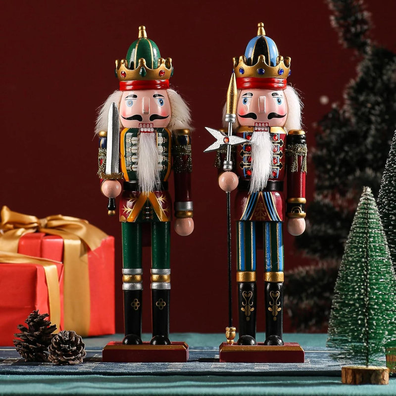 Figurines de Noël casse-noisette de Noël, ensemble de 2 très grand roi et soldat traditionnel en bois avec épée et lance, décorations de fêtes debout fabriquées à la main