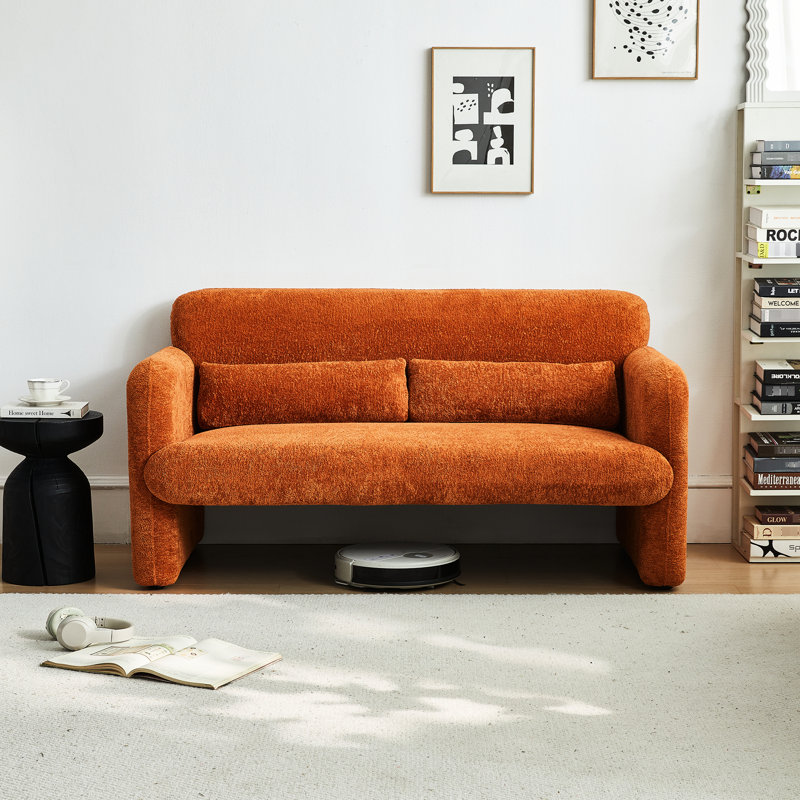 Velours orange 59 po, moderne pour le bureau et le salon, structure en bois massif, lombaire ergonomique, bureau d'appoint en tissu mousse confortable, mousse, assemblage facile