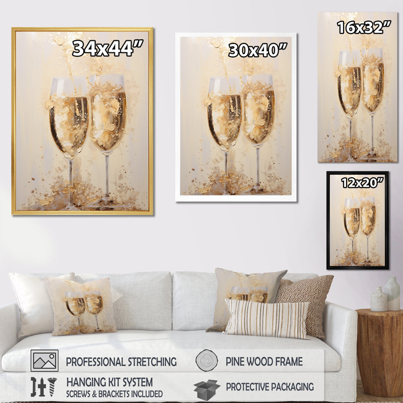 Golden Champagne In Glass III - Champagne, art mural, Cadre flottant doré, H 32 po x l 16 po x P 1 po