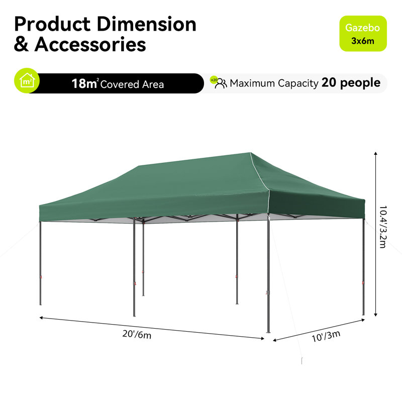 Canopy Tent, Heavy Duty Pop up Canopy, 6.1m x 3m, Green