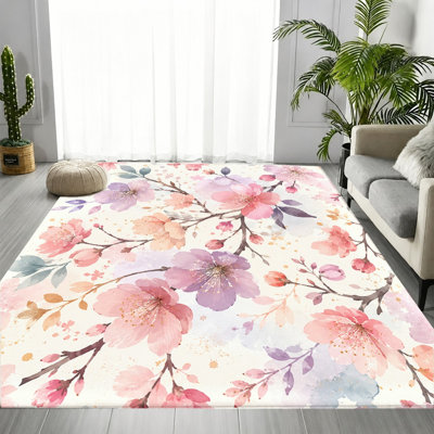 Watercolor Cherry Blossom Area Rug, Pink Purple Flower Pattern, Non-Slip Floor Carpet, Artistic Indoor Home Decor for Living Room, Bedroom, Kitchen, Balcony, Apartment, Entryway, Hallway
