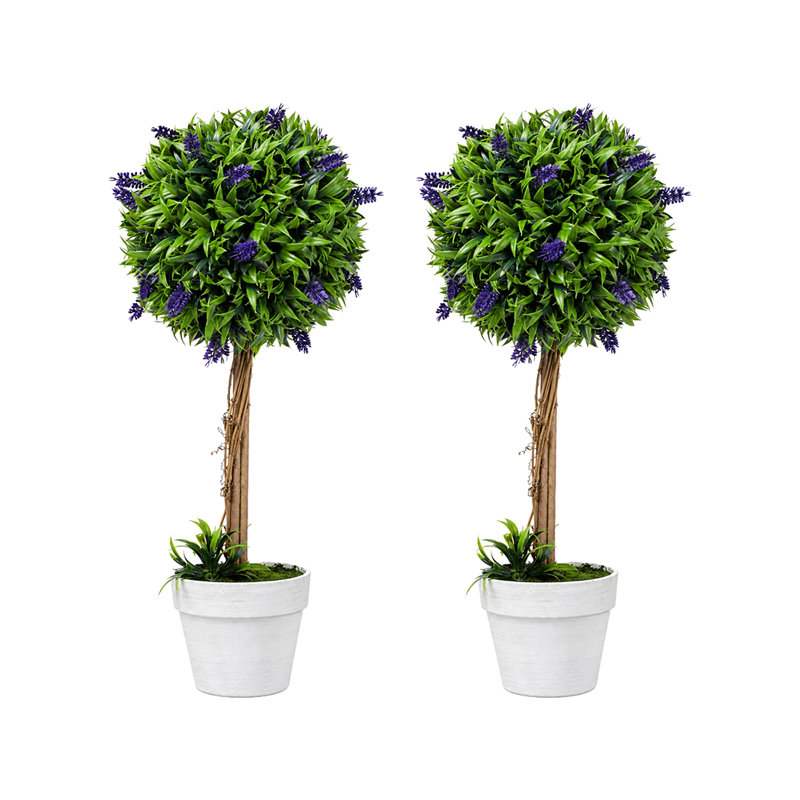 Artificial Plants Faux Lavender Topiary Set of 2 for Front Door Green