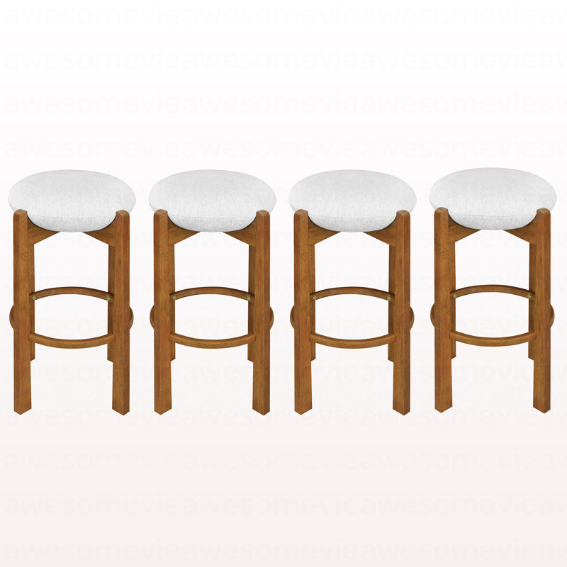 Indoor Wooden Upholstered Barstool, Walnut Finish and Ivory Upholstery, Set of 4, Walnut