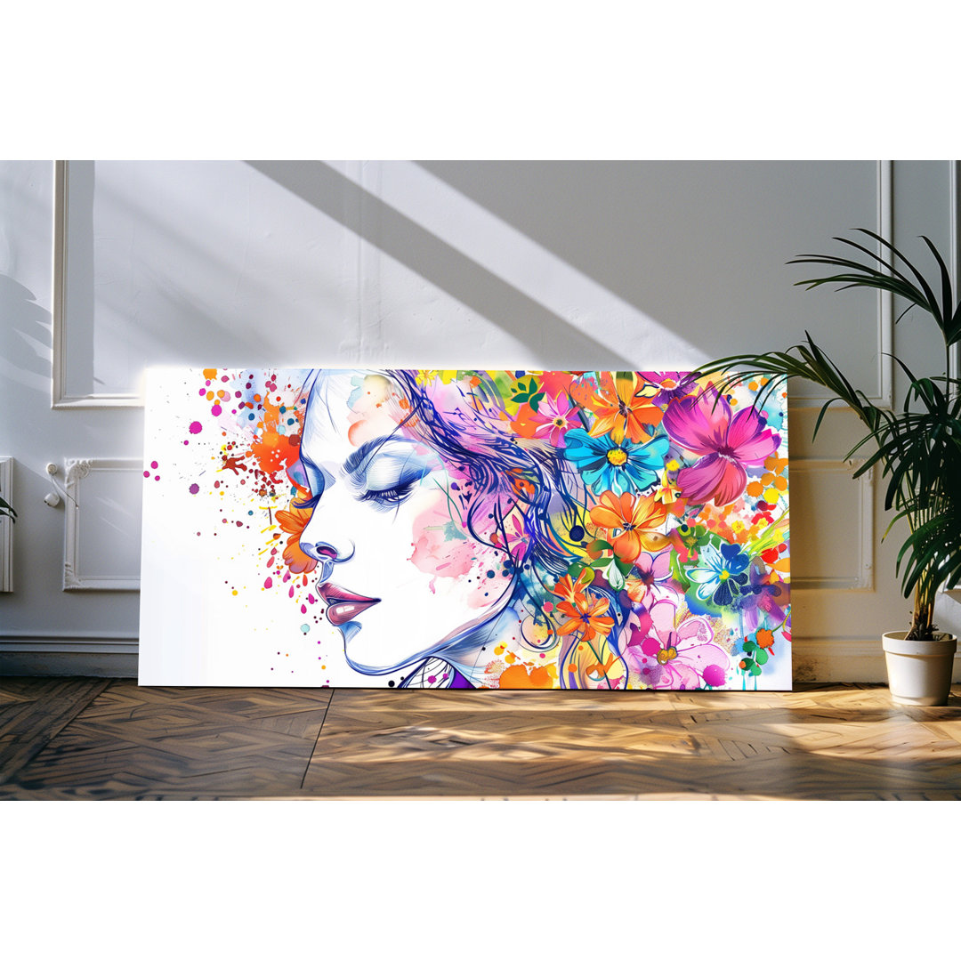 Wandbild 120x60cm Porträt einer jungen Frau Farbenfroh Bunt Blumen Blüten Sommer