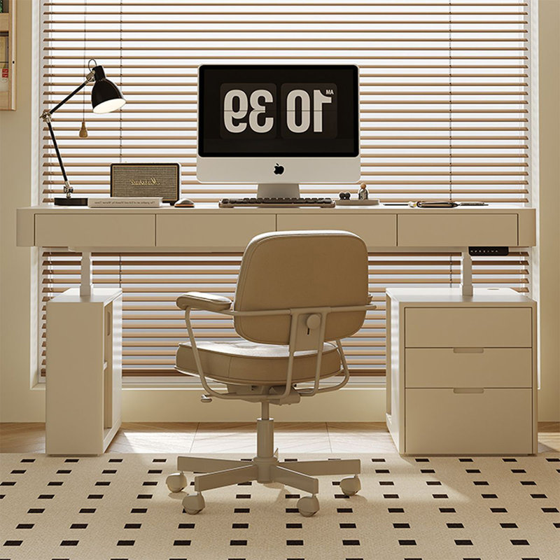 Bureau rectangulaire en bois manufacturé blanc + acier avec 4 tiroirs, H 54,33 po x l 70,87 po x P 27,56 po, Retour à droite
