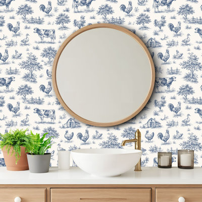 Peel and Stick Wallpaper Contact Paper Farm Animals Toile Roosters Cows Ducks Self Adhesive and Removable 24in x 118in(60x300cm)