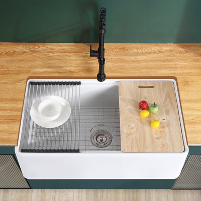 KDKSC 33 Inch Farmhouse Sink Workstation Fireclay Kitchen Sinks White Rectangular Large Single Bowl Undermount Kitchen Sink With Accessories