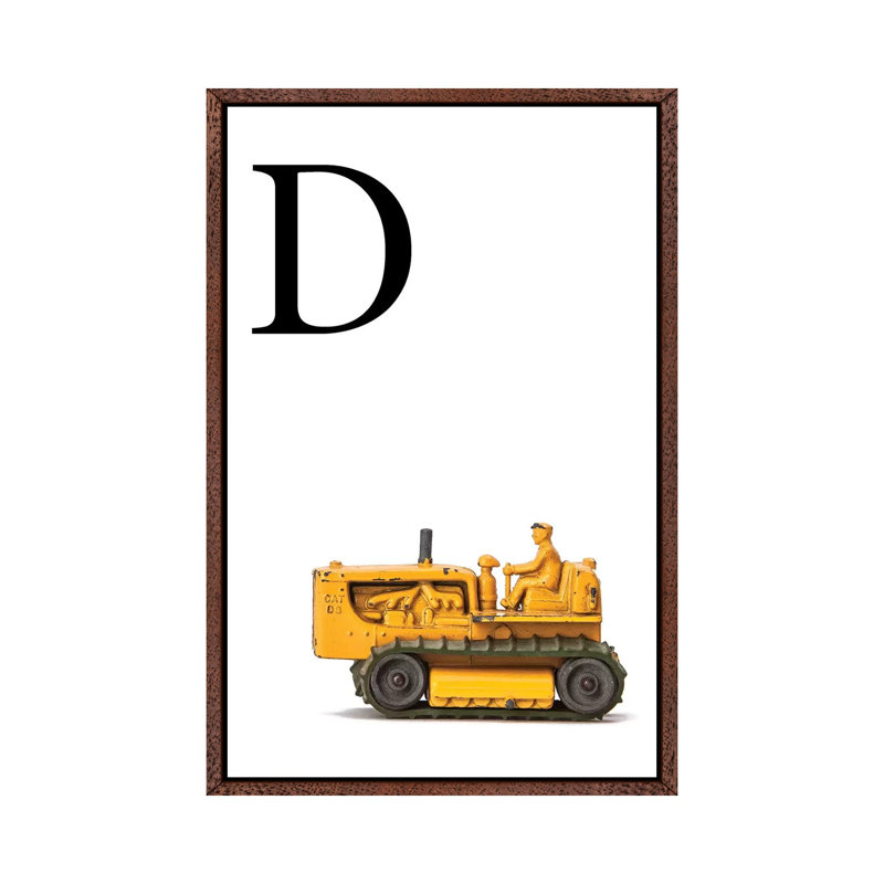 D Bulldozer Yellow White Letter - Print on Canvas, 66.04 cm H x 45.72 cm W, Classic Brown Wood Framed