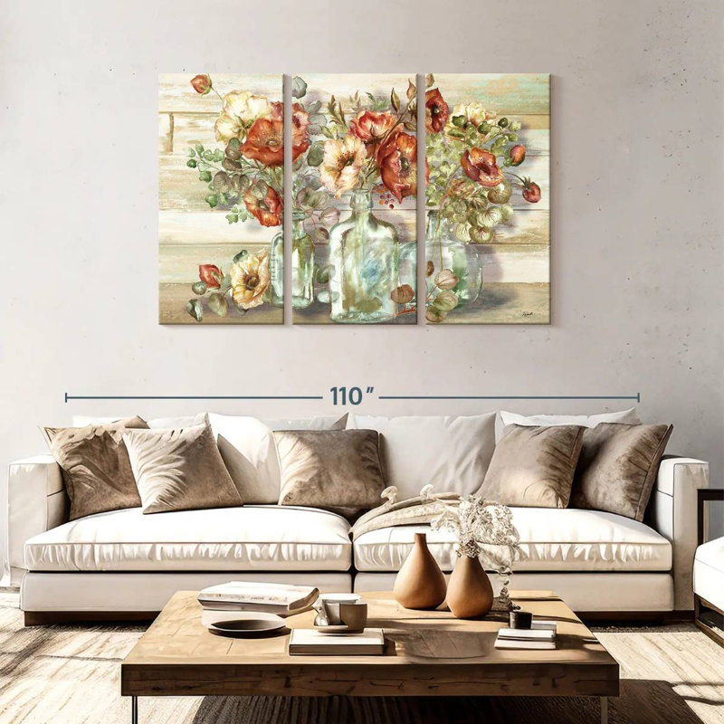 Harnek, coquelicots et eucalyptus en bouteille, H 48 po x l 74 po