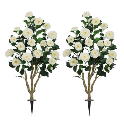 43.3 in. Artificial Camellia Flower Tree with Ground Spike, Faux Outdoor Plant for Front Porch Garden Yard Decoration