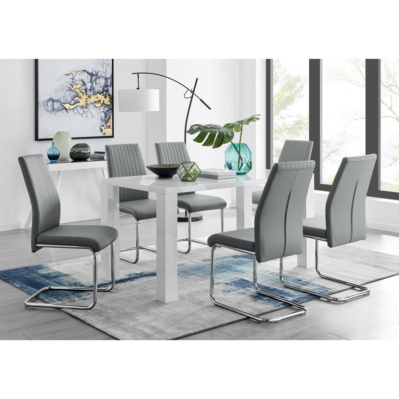 Eubanks High Gloss 6 Seat Rectangular Dining Table Set with Faux Leather Upholstered Dining Chairs, Elephant Gray