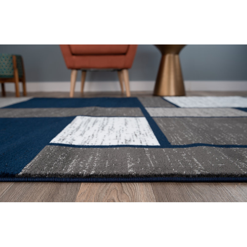 Mehul Woven Geometric Navy/Gray/White Area Rug – Modern, Durable Polypropylene, Medium Pile for Living Room, Bedroom, and Office