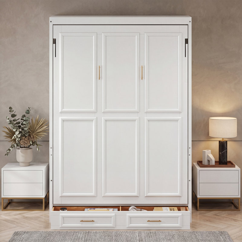 Full Size Murphy Bed with 2 Drawers, Beige