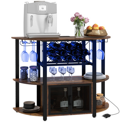 Armoire de bar à vin avec station de charge et Leds, support de bar industriel pour boissons alcoolisées pour la maison avec support à vin de 10 bouteilles, porte-verres, portes en filet et tablettes ouvertes, rustique