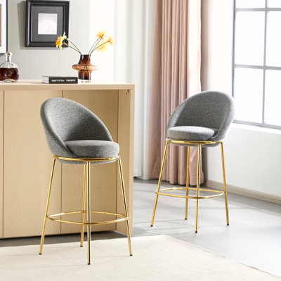 Indoor Metal Upholstered Barstool, Gold-Plated Frame And Upholstery, Set Of 2