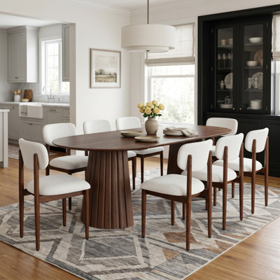 79" Solid Wood Oval Dining Table Set With 8 Fabirc Upholstered Dining Chairs Modern Double Pedestal Dining Set For Seats 8