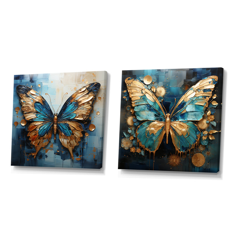 Papillon métallique doré et bleu I - ensemble de 2 décorations murales papillon, Toile tendue, H 16 po x l 33 po x P 1 po