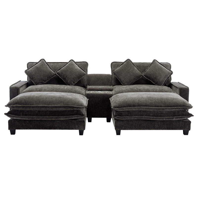 111" Sectional Sofa Chenille Upholstered Sofa With Two Removable Ottoman, Two Usb Ports, Two Cup Holders And Large Storage Box For Living Room