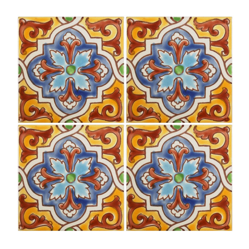 Mediterranean 4'' x 4'' Glossy Hand Painted Ceramic Decorative Accent Tile