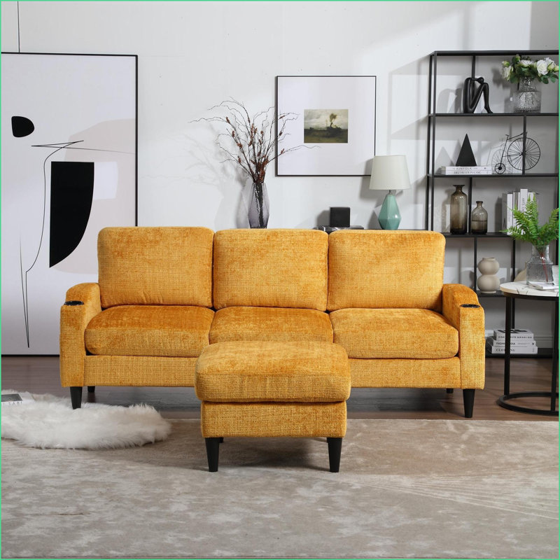 Canapé modulaire, canapé en chenille 3 places avec repose-pieds de rangement Porte-gobelets | Jaune moutarde, Velours jaune