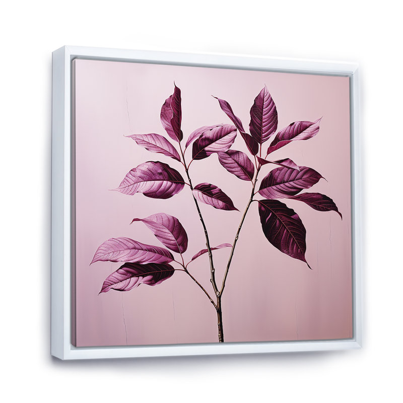 Impression sur toile, feuilles mauves et prune, H 16 po x l 16 po x P 1 po, Cadre flottant blanc